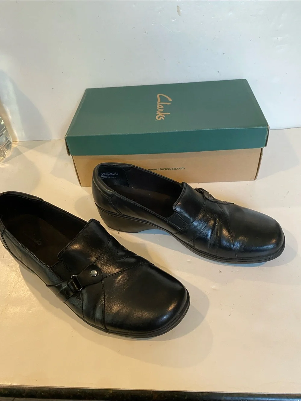 Clarks Leather May Marigold Black Slip-on Wedge Loafer